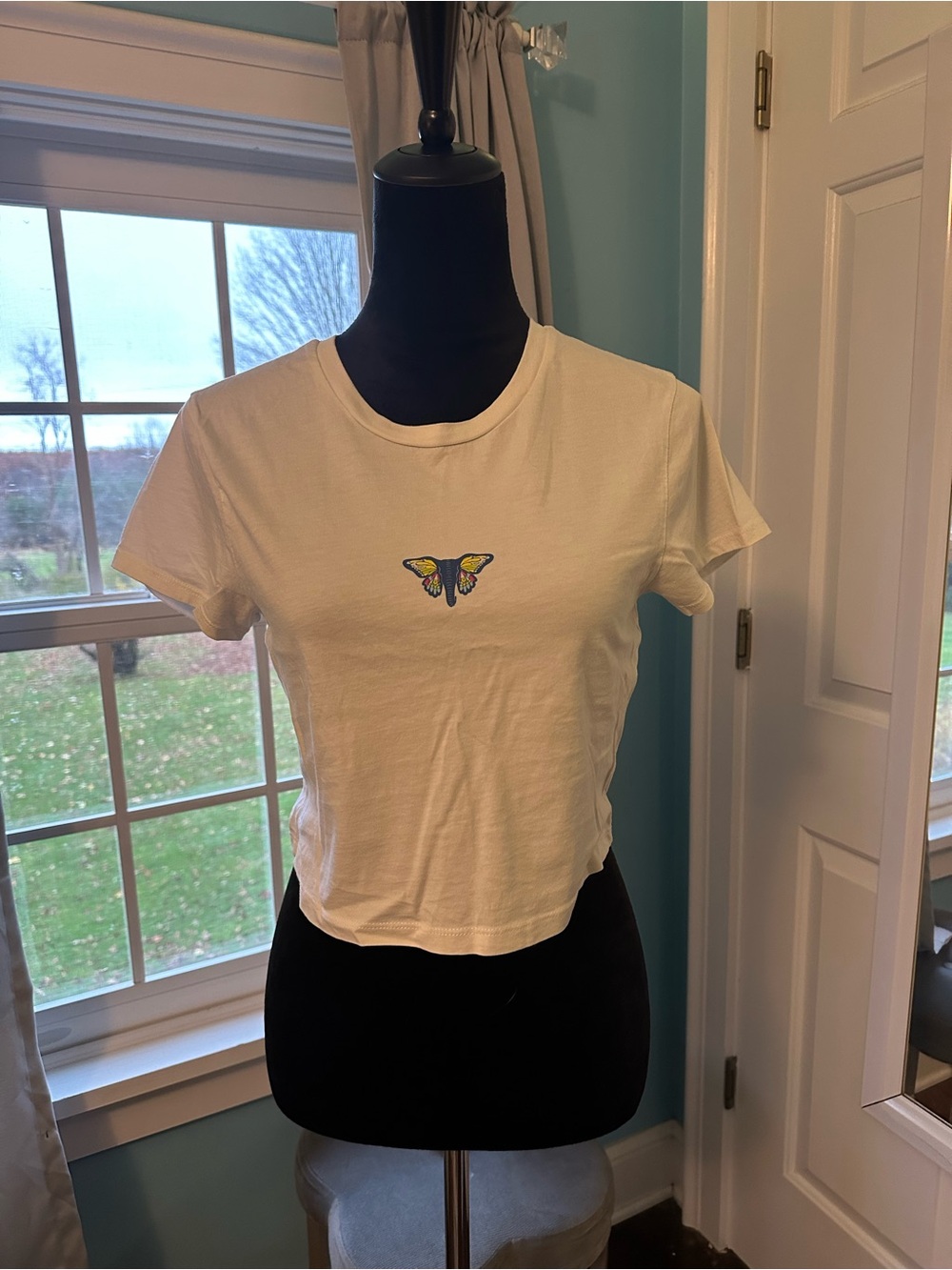ivory ella White Crop Tee with Yellow & Blue Butterfly